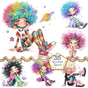 JPEG Quirky Space Girl Clipart Bundle Whimsical Astronaut Clipart Space Clipart Instant Download Paper Crafts Junk Journal Scrapbooking