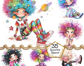 JPEG Quirky Space Girl Clipart Bundle Whimsical Astronaut Clipart Space Clipart Instant Download Paper Crafts Junk Journal Scrapbooking