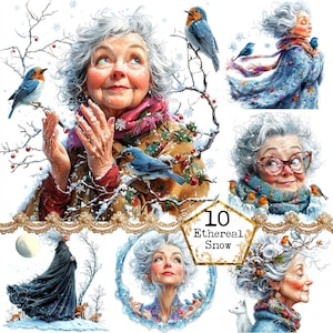 JPEG aquarelle fantaisiste enneigé grand-mère Clipart Bundle hiver grand-mère hiver Clipart téléchargement immédiat papier artisanat Junk Journal Scrapbooking