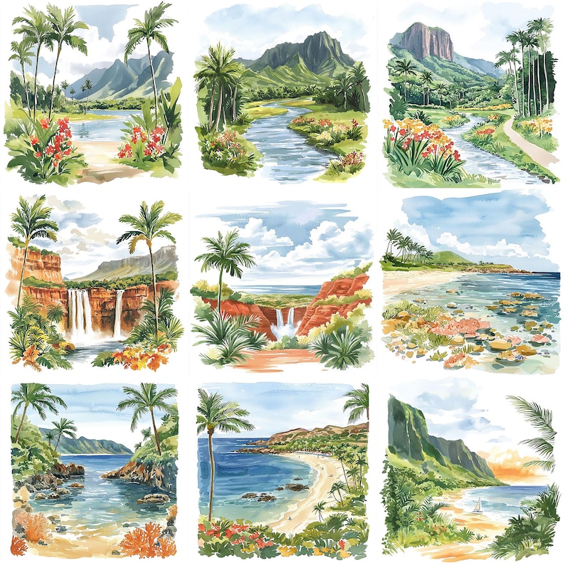 a bunch of pictures of a tropical island