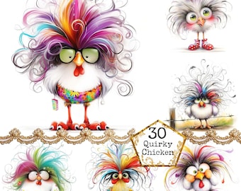JPEG Watercolor Whimsical Chicken Clipart Bundle Quirky Chicken Quirky Bird Instant Download Paper Crafts Junk Journal Scrapbooking