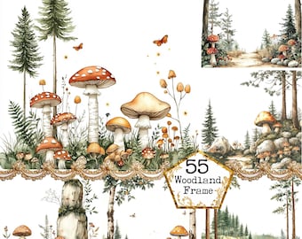 JPEG Watercolor Woodland Backgrounds Clipart Bundle Forest Background Frames Mushroom Instant Download Paper Craft Junk Journal Scrapbooking