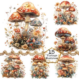 PNG + JPEG aquarelle champignon magique Clipart Bundle forêt champignons fée Clipart Téléchargement instantané papier Artisanat indésirable Journal Scrapbooking