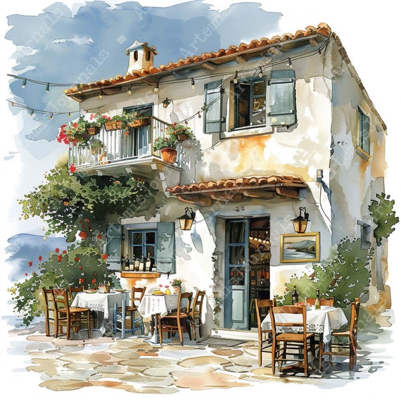 水彩画ギリシャのタベルナ クリップアート バンドル JPEG 即時