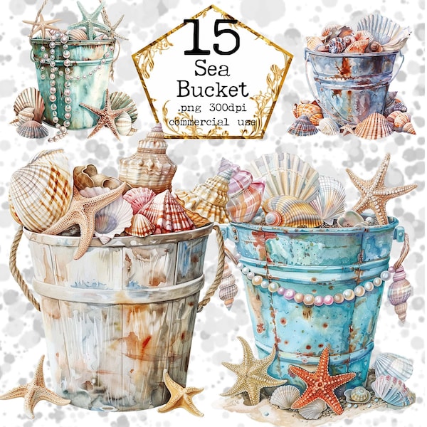 Watercolor Seashell Buckets Rustic Clipart PNG Commercial Use Summer Clipart Instant Download Paper Crafts Junk Journal Scrapbooking