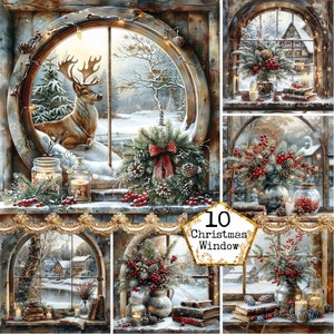 JPEG-aquarel vintage kerstvenster, krans en kaarsen, clipartbundel JPEG direct downloaden, plakboek, ongewenste dagboek, Paper Crafts