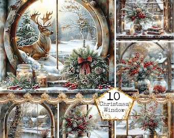 JPEG Watercolor Vintage Christmas Window, Wreath and Candles, Clipart Bundle JPEG Instant Download, Scrapbook, Junk Journal, Paper Crafts