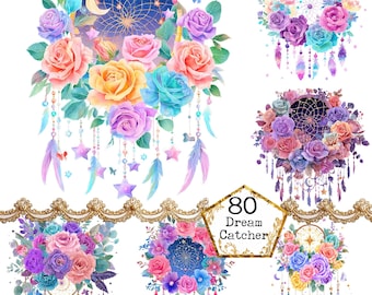 PNG + JPEG 水彩画 天体ドリームキャッチャー クリップアート バンドル