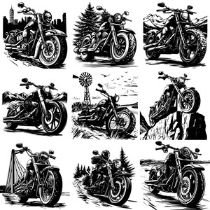 May include: Nine black and white illustrations of vintage motorcycles in various settings. Each motorcycle has a unique design and is depicted in a different environment, such as a city street, a forest, or a mountain road.