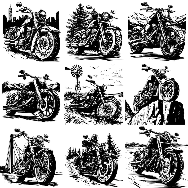 May include: Nine black and white illustrations of vintage motorcycles in various settings. Each motorcycle has a unique design and is depicted in a different environment, such as a city street, a forest, or a mountain road.