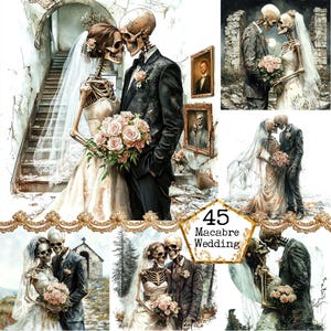Paquete de imágenes prediseñadas de boda con esqueletos de acuarela en formato JPEG, gráficos de Halloween, boda gótica, descarga instantánea, manualidades de papel, diario basura, álbumes de recortes