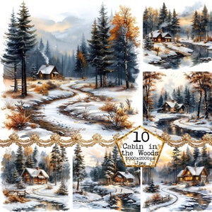 Snowy Woodland y una pequeña cabaña Clipart Bundle JPEG Winter Clipart Uso comercial Descarga instantánea Paper Crafts Junk Journal Scrapbooking