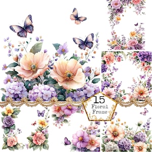 Cadres floraux aquarelles PNG + JPEG Bundle de cliparts bordure florale élément de cadre floral Téléchargement instantané Paper Craft Junk Journal Scrapbooking