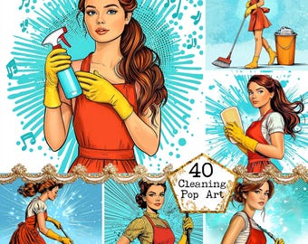 JPEG  Retro Comic Style Pop Art Girls Cleaning Bundle Pop Art Girl Retro Housewife Instant Download Paper Crafts Junk Journal Scrapbooking