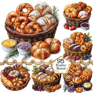 Pacote de clipart de cesta de pão rústica JPEG Cottagecore Clipart Arte de cozinha country Download instantâneo Artesanato em papel Diário de sucata Scrapbooking