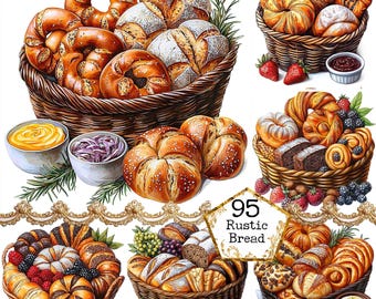 Rustikt brödkorg Clipart-paket JPEG Cottagecore Clipart Lantlig kökskonst Direktnedladdning Papperspyssel Skräpjournal Scrapbooking