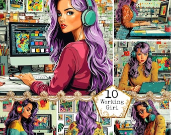 May include: A collage of images featuring women with purple hair working on computers and other tasks. The images are set in a variety of colorful and stylish settings. The text "10 Working Girl" is displayed in the center of the collage.