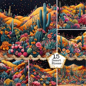 JPEG Cactus du désert la nuit arrière-plans Art folklorique Scrapbooking, papier aquarelle, téléchargement immédiat, travaux manuels en papier, Junk Journal, Scrapbooking