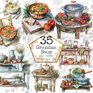 Lot de cliparts livre de recettes soupe de grand-mère PNG aquarelle PNGs cuisine usage Commercial téléchargement immédiat papier artisanat indésirable journal Scrapbooking