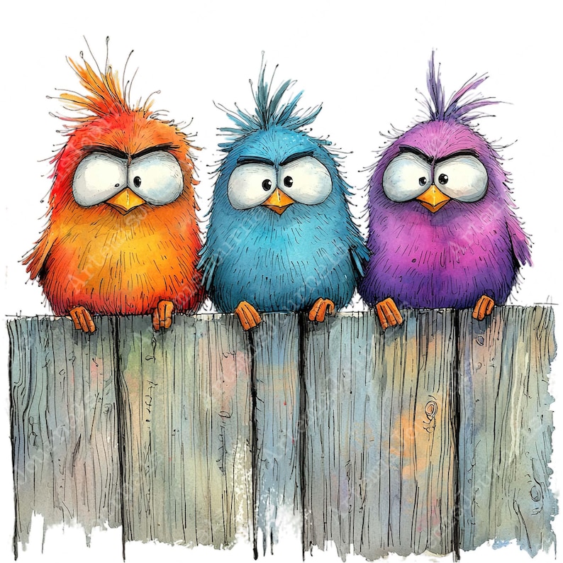 three colorful birds sitting on top of a wooden fence