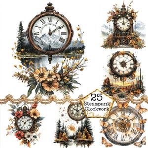 JPEG aquarelle Steampunk horloges Clipart Bundle aquarelle Nature clipart téléchargement immédiat papier artisanat indésirable Journal Scrapbooking