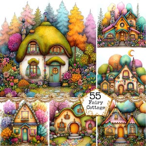 May include: A collection of five colorful fairy cottage illustrations. Each cottage features unique architectural details, surrounded by vibrant flowers and trees. The image includes the text "55 Fairy Cottage".