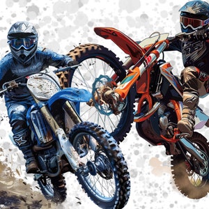 May include: Two dirt bikes, one blue and one orange, are ridden by two people wearing helmets and protective gear. The blue dirt bike has a black seat and a black and white design. The orange dirt bike has a black seat and a black and white design. The background is a white and gray abstract design.