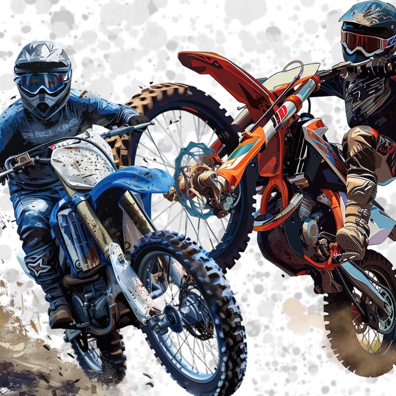 May include: Two dirt bikes, one blue and one orange, are ridden by two people wearing helmets and protective gear. The blue dirt bike has a black seat and a black and white design. The orange dirt bike has a black seat and a black and white design. The background is a white and gray abstract design.