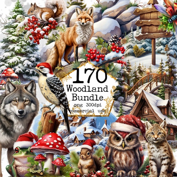 170+ Winter Woodland Clipart PNG Bundle Transparent PNG Fox Bear Deer Commercial Use Instant Download Paper Crafts Junk Journal Scrapbooking