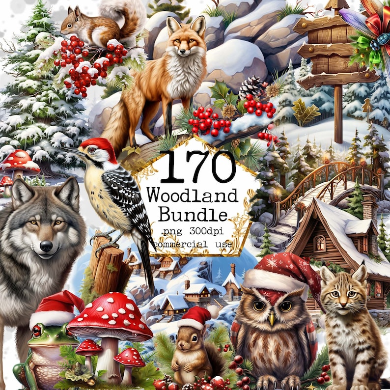 May include: A digital illustration of a woodland scene with a variety of animals, including a fox, a wolf, a squirrel, a frog, an owl, a cat, and a woodpecker. The scene is set in a snowy forest with a wooden cabin and a bridge. The text "170 Woodland Bundle .png 300dpi commercial use" is displayed in the center of the image.