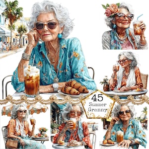 JPEG Acquerello Anziana Signora in Vacanza Clipart Bundle Bere Caffè Anziana Signora Download Istantaneo Carta Artigianato Junk Journal Scrapbooking