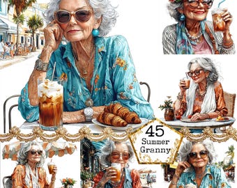 JPEG Watercolor Elderly Lady on Holliday Clipart Bundle Drinking Coffee Senior Lady Instant Download Paper Crafts Junk Journal Scrapbooking