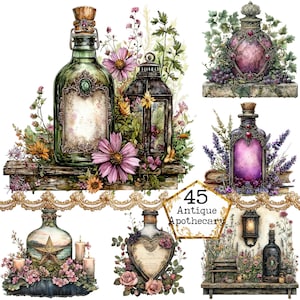 Può includere: Una collezione di 45 bottiglie di farmacia antiche con disegni floreali e botanici. Le bottiglie sono riempite con liquidi di vari colori e hanno tappi decorati. Le bottiglie sono disposte su mensole e tavoli con fiori e piante.