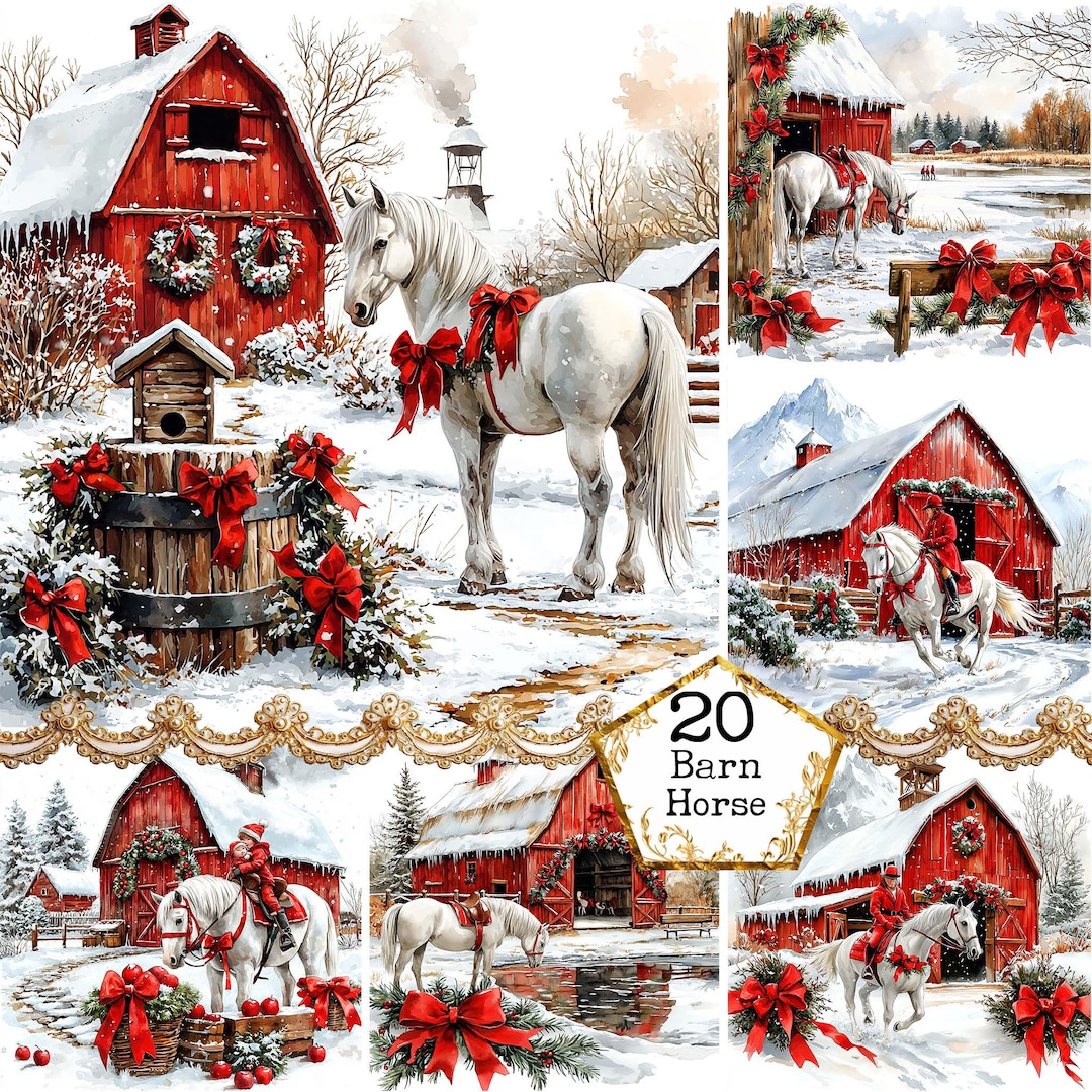 JPEG Watercolor Winter Red Barn With a White Horse and Christmas ...