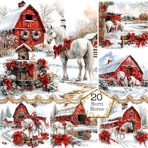 JPEG-aquarel winter rode schuur met een wit paard en kerstversiering Clipart Instant Download Paper Crafts Junk Journal Scrapbooking