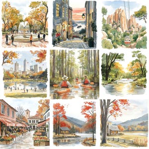 K&ouml;nnte beinhalten: Eine Collage aus zehn Aquarellbildern, die verschiedene Szenen zeigen, darunter einen Stadtpark, eine Stra&szlig;e in einer europ&auml;ischen Stadt, einen Wald, einen Fluss und eine H&uuml;tte im Wald.