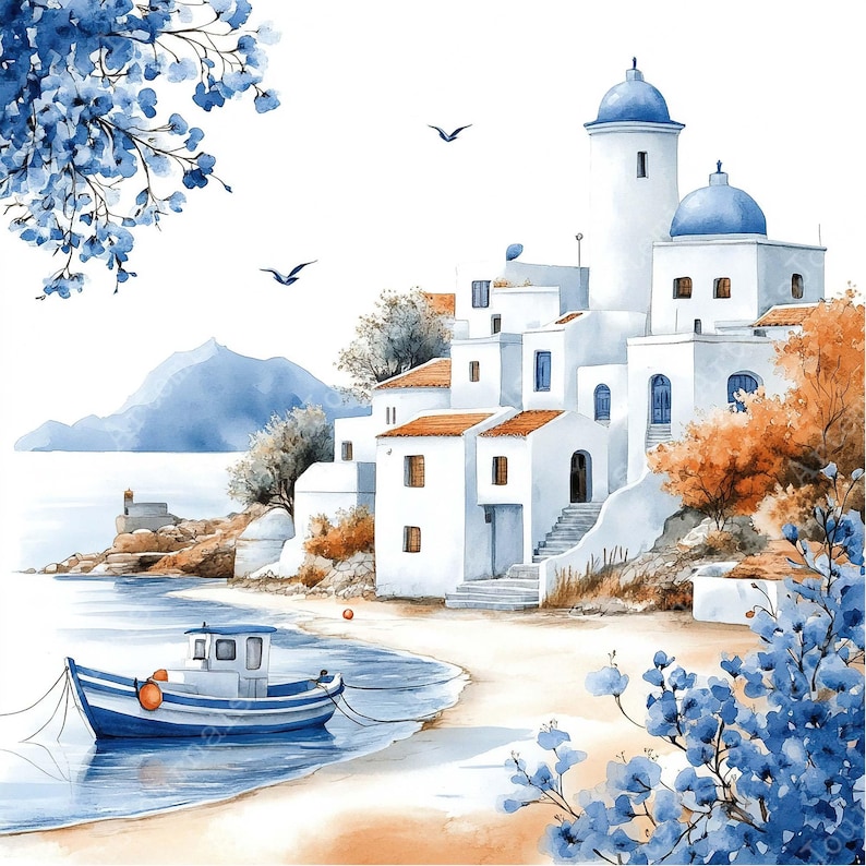 a watercolor painting of a boat on a beach