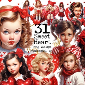 Retro Christmas Girl Hearts Clipart PNG Bundle, &#39;50s Transparent PNG, Hearts Clipart, Scrapbook, Junk Journal Paper Crafts Commercial Use