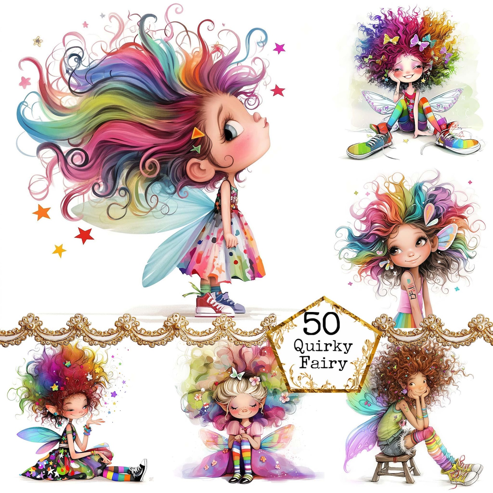 JPEG Watercolor Whimsical Fairy Clipart Bundle Quirky Fairy Clipart ...