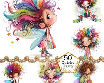 May include: A set of 50 digital illustrations of whimsical fairies with colorful hair and wings. The fairies are depicted in various poses and expressions, with some wearing colorful clothing and accessories. The illustrations are perfect for adding a touch of magic to any project.