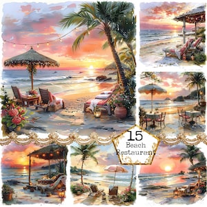 Aquarel strandrestaurant bundel JPEG Instant Download aquarel strand zomer clipart commerciële papier ambachten ongewenste dagboek scrapbooking