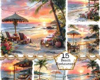 Aquarel strandrestaurant bundel JPEG Instant Download aquarel strand zomer clipart commerciële papier ambachten ongewenste dagboek scrapbooking