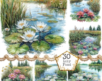 水彩画「睡蓮」 - 花の池のJPG画像8枚（デジタルダウンロード） - Etsy
