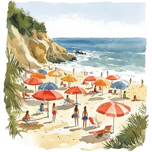 May include: A watercolor painting of a beach scene with people relaxing under colorful umbrellas. The beach is sandy with clear blue water and a rocky cliff in the background.