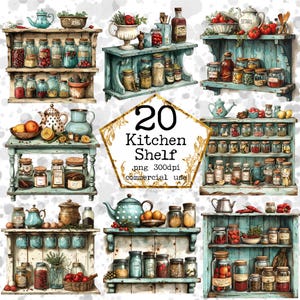 PNG Kitchen Shelf Clipart Bundle PNG Aquarela Cozinha PNG Uso Comercial Download Instantâneo Papel Artesanato Junk Journal Scrapbooking
