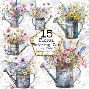 Aquarelle florale arrosoirs Clipart floral jardinage bouquet PNG usage commercial Téléchargement instantané papier artisanat indésirable Journal Scrapbooking