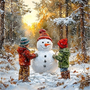 May include: Two children in winter clothing build a snowman in a snowy forest. The snowman is wearing a red and white hat and has a carrot nose. The children are smiling and having fun.