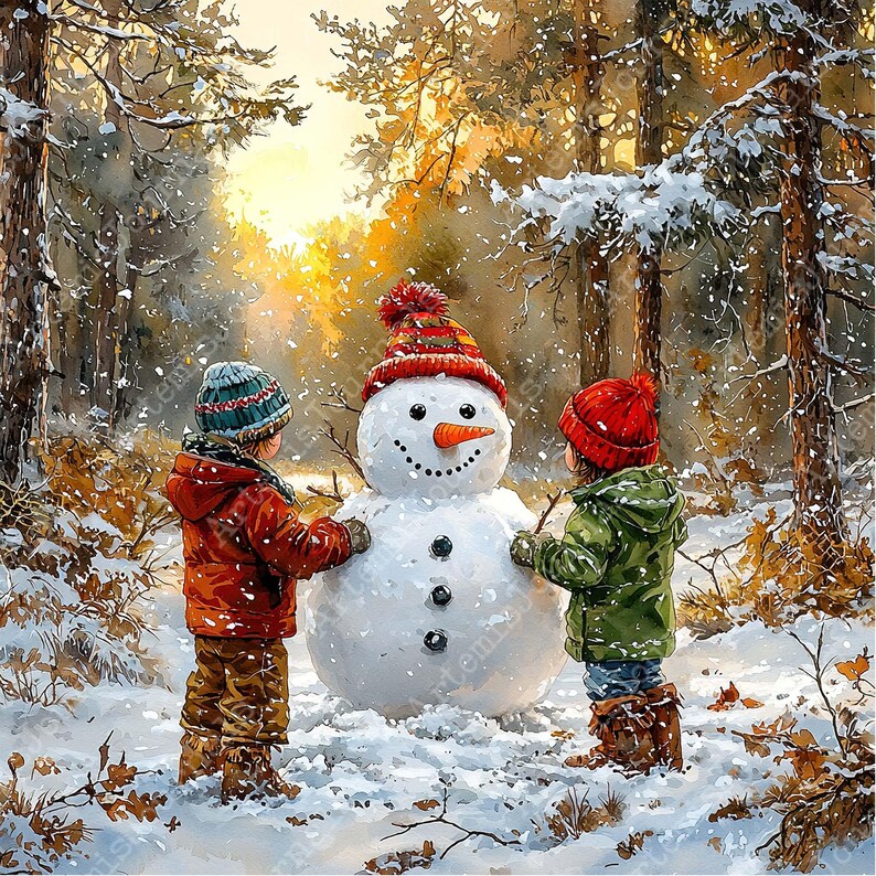 May include: Two children in winter clothing build a snowman in a snowy forest. The snowman is wearing a red and white hat and has a carrot nose. The children are smiling and having fun.