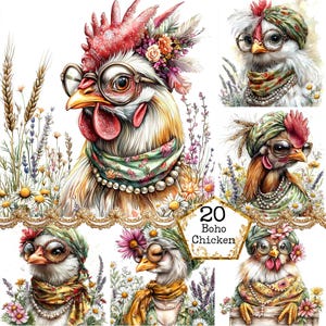 Ensemble de cliparts poulet mode aquarelle JPEG, poulet bohème, poulet vintage drôle, téléchargement immédiat, travaux manuels en papier, journal indésirable, scrapbooking