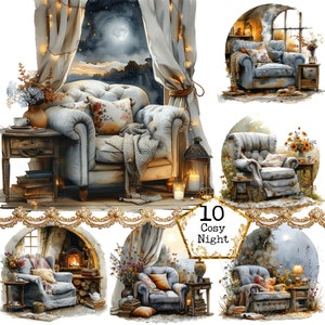 Watercolor Shabby Chic Cozy Nook JPEG Cozy Corner Commercial Use Cozy Night Clipart Instant Download Paper Crafts Junk Journal Scrapbooking